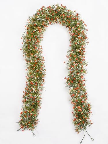 2 Pcs 5.8ft Artificial Baby Breath Flower Vines, Babys Breath Artificial Flowers Real Touch Faux Gypsophila Hanging Fake Baby's Breath Garlands for Wedding and Baby Shower Decor(Red-Orange by UqueetenLtd