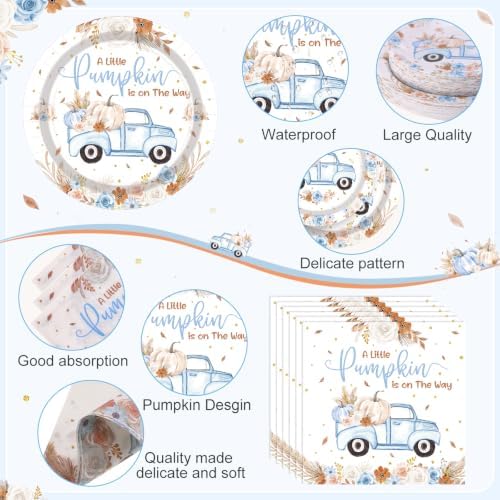 Ceenna 452 Pcs Little Pumpkin Baby Boy Shower Plates Napkins Cups for 50 - Image 3