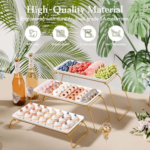 Bumusty Large 3-Tier Melamine Serving Tray Set, 17 x 8.7 in, Gold Stand - Image 2