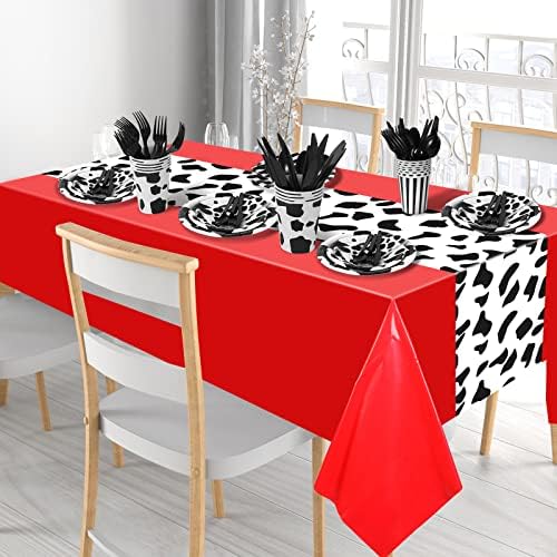 Oudain 222 Pcs Cow Dinnerware Set for 20 Guest Cow Tablecloth Plates and Napkins Cowgirl Party Decorations Cowboy Table Runner Plastic Black White Party Supplies(Black, White, Red,Classic) - Image 4