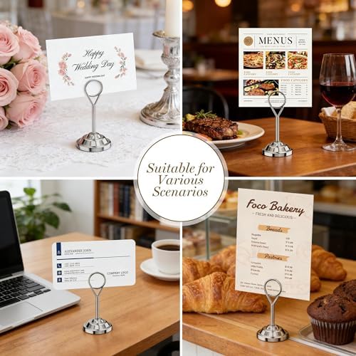 Urban Deco 16 Pieces Table Card Holder Place Card Holders 4 inches Steel Card Holders for Photos, Food Signs, Memo Notes, Weddings, Restaurants, Birthdays (Silver Round) - Image 6