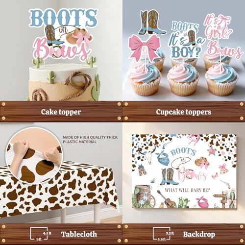 Boots or Bows Gender Reveal Decorations - 130Pcs Boy or Girl What Will Baby Be Gender Reveal Party Supplies Include Backdrop Balloon Garland Tablecloth Boots or Bows Banner Cake Cakecup Topper - Image 6