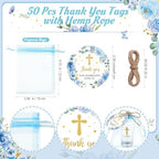 Funnymoom 50 Sets God Bless Shot Glasses Religious Party Favors for Guests Souvenir Baptism Cross Blue Floral Thank You Tags with Organza Bags Twine for Christening Celebration Baby Shower - Image 3
