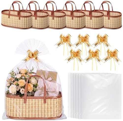 Reallnaive 6 Sets Empty Gift Baskets to Fill Large Bamboo Woven Baskets with Handles 15.8 x 7.9 x 6.3 inch Includes Clear Wrap Bags and Bows for Raffle, Baby Shower, Wedding,Thanksgiving Day by Reallnaive