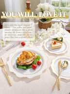 WDF 100PCS White and Gold Plastic Plates - Gold Disposable Plates - Include 50 Dinner & 50 Dessert Plate for Party - Heavy Duty Fancy Plastic Plate for Wedding/Thanksgiving/Bridal shower (Pack of 2) - Image 5