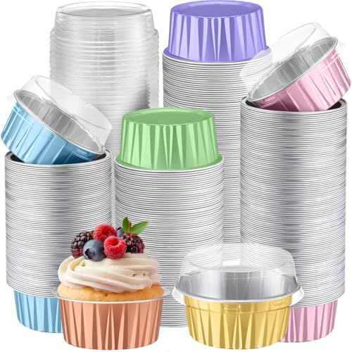 200 Pack Aluminum Cupcake Liners with Lids,Macaron,Plain by Gandeer