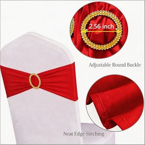 Pack of 50 Spandex Red Chair Sashes with Gold Buckles, Stretch Chairs Sashes for Wedding Party Baby Shower Ceremony Event Decorations Chair Bands Bows (Red Sashes, Gold Buckles) - Image 4