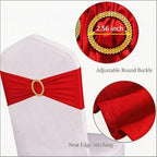 Pack of 100 Red Chair Sashes with Gold Buckles Spandex Chair Bands Bows - Image 4
