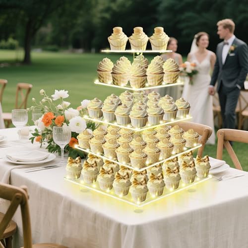 5 Tier Cupcake Stand,Clear Tiered Cupcake Tower with String Lights, Large Square Cupcake Holder Dessert Display for Baby Shower, Tea Party and Wedding - Image 6