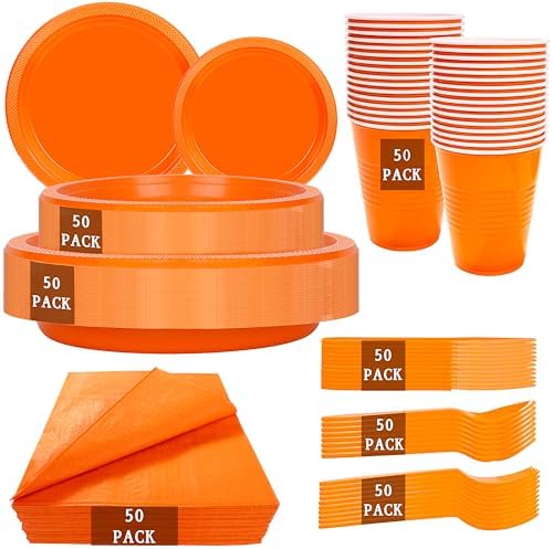 MirthMood 350PCS Orange Plastic Plates,Orange Disposable Plates Set by LUODA