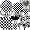 Funnymoom 452 Pcs Checkered Flag Party Supplies for 50 Guests, Black and White Checkered Paper Plates Napkins Cups Tablecloth Cutlery Straws for Race Car Birthday Party Decorations by Funnymoom