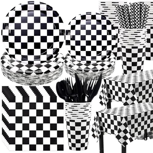 Funnymoom 452 Pcs Checkered Flag Party Supplies for 50 Guests, Black and White Checkered Paper Plates Napkins Cups Tablecloth Cutlery Straws for Race Car Birthday Party Decorations by Funnymoom