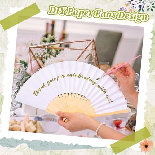 Beeveer 50 Sets Folding Wedding Fan Favor for Guest with Basket, Ready to Use Bulk White Folding Hand Paper Fan with Bow Ribbon Thank You Tag, Bridal Shower Wedding Party Favor Gift (Green,Daisy) - Image 5