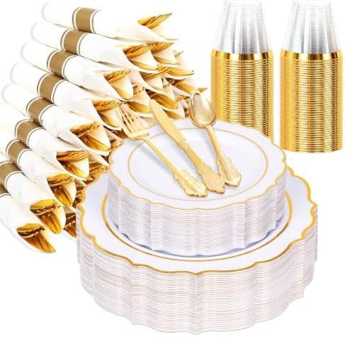 Sylans 350PCS White Gold Plastic Plates Disposable Dinnerware for 50 Guests by Sylans