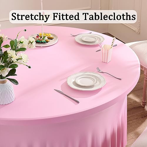 8 Pack Pink Round Spandex Tablecloths for 60inch Table, Wrinkle Free 120inch Stretchy Fitted 5FT Round Table Cloths Cover with Skirt for Wedding Birthday Party Dining Banquet Event - Image 2
