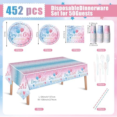 Funnymoom 452 Pcs Gender Reveal Party Supplies for 50 Guests, Pink and Blue Gender Reveal Paper Plates Napkins Cups Tablecloth Cutlery Straws Disposable Tableware for Baby Shower Party Decoration - Image 3
