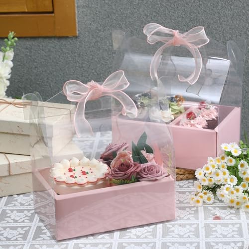 Honeydak 10 Pcs Cake Flower Clear Gift Boxes with Handle 4 in, Pink, Bow by Honeydak