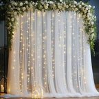 10x10ft White Backdrop Curtain with Lights String for Parites, Sheer Curtain Tulle Photo Backdrop Drapes for Wedding Baby Shower Bridal Shower Birthday Photography Background Decoration by Partisky