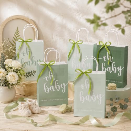 Gersoniel 50 Packs Baby Shower Gifts Bags Bulk 5.91 x 3.15 x 8.27 Inches Baby Shower Favor Bags with Handle Ribbon Thank You Gift for Party Favor for Guests Gifts Gender Reveal (Green) - Image 5