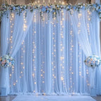 Blue Tulle Backdrop Curtains with Lights String for Parites Baby Shower 20×8ft Blue Sheer Backdrop Curtains Drapes for Bridal Shower Birthday Party Photo Shoot Background Decorations(4 Panels 5×8ft) by Suppromo