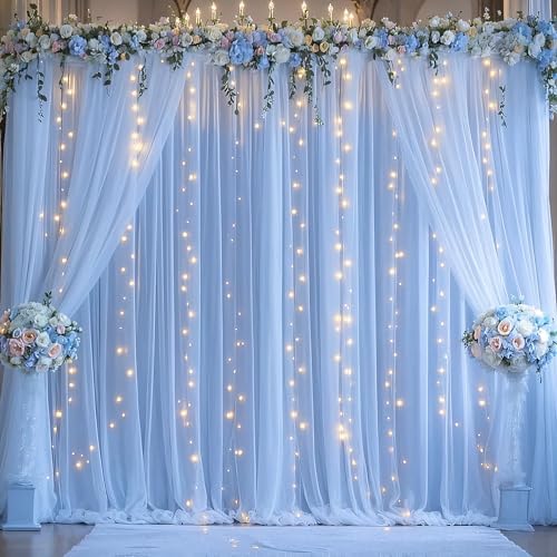 Blue Tulle Backdrop Curtains with Lights String for Parites Baby Shower 20×8ft Blue Sheer Backdrop Curtains Drapes for Bridal Shower Birthday Party Photo Shoot Background Decorations(4 Panels 5×8ft) by Suppromo