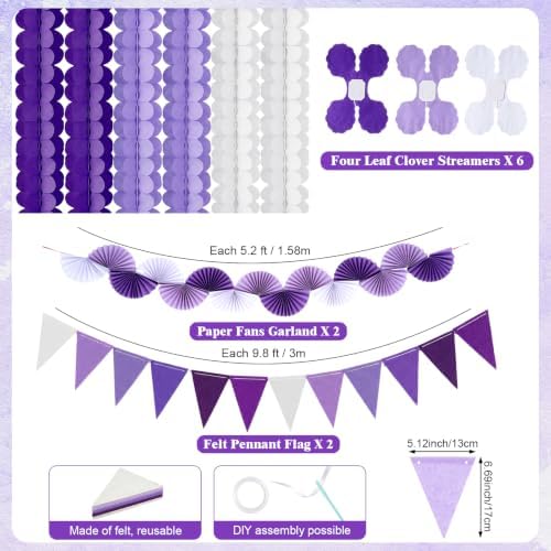 TaoBary Purple Baby Shower Decorations, 6 Roll Purple Streamers 600 Paper Chain Garland 4 Star Hanging 2 Felt Pennant Flag 2 Paper Fans Garland 6 Four Leaf Clover Streamer for Butterfly Birthday Party - Image 6