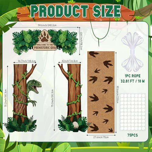 Haull 7 Pcs Dinosaur Party Decorations Set Dino Door Porch Banners Green Foil Fringe Curtains Rug Dino Photo Booth Backdrop for Jungle Safari Dinosaur Park Entryway Decor Birthday Party Supplies - Image 2