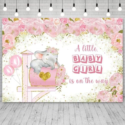 20x10ft Elephant Baby Shower Backdrop A Little Baby Girl is On The Way Photography Background Pink Floral Balloon Mailbox Baby Girls Party Banner Decorations Newborn Portrait Photo Booth Prop - Image 3