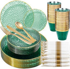 175PCS Green Plastic Plates for 25 Guests, Disposable Plates for Party, Heavy Duty Disposable Plate Set Include: 25 Dinner Plates, 25 Dessert Plates, 25 Cups and Cutlery for Wedding & Party by Sykomo