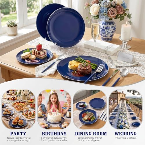 KIRE 175Pcs Blue Plastic Plates with Silver Rim & Disposable Silverware with Blue Handle & Silver-rim Cups & Hand Napkin & Plastic Dinnerware for Parties/Wedding - Image 3