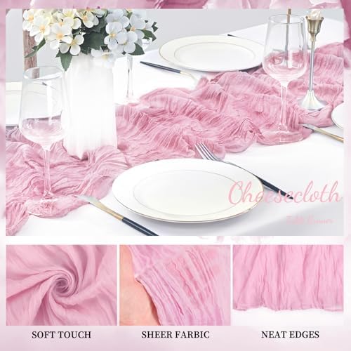Light Pink Cheesecloth Table Runner 12 Pack 10FT Rustic Gauze Fabric Cheese Cloth Table Runner for Wedding 20 x 120 Inch Long Bridal Baby Shower Table Decorations Boho Sheer Birthday Party Table Decor - Image 3