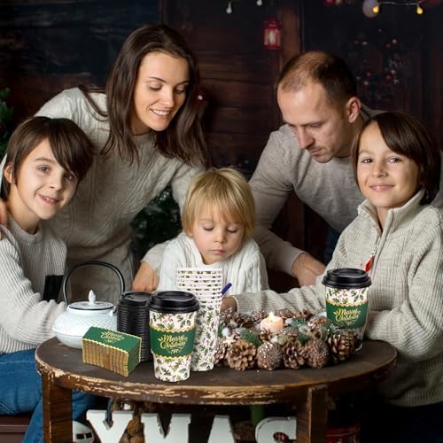 Whaline 50Pcs Christmas Disposable Coffee Cups with Lids and Sleeves Xmas Holly Berry Paper Drinking Cup for Winter Holiday Party Supplies - Image 5