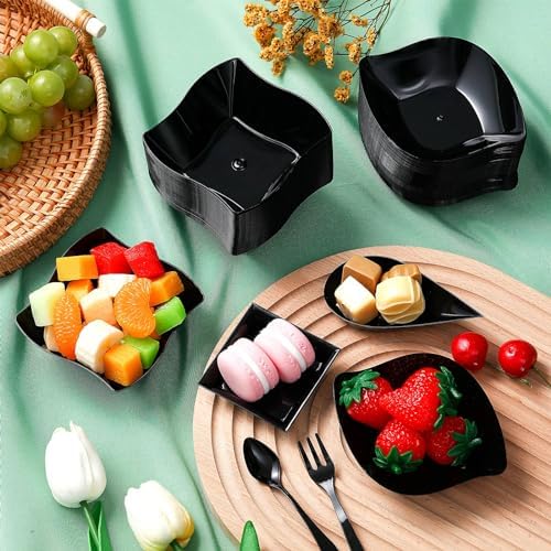 Tessco for you 400 Pcs Mini Appetizer Plates Set Including 200 Disposable Dessert Plates Assorted Shape 100 Mini Plastic Forks 100 Plastic Spoons for Party (Classic Style, Black) - Image 3