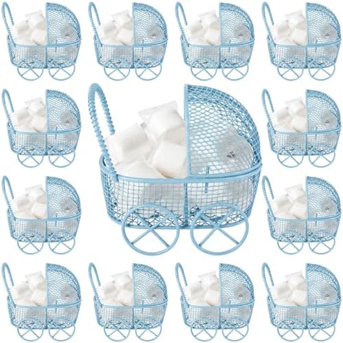 Threehoney 24 Pcs Baby Shower Mini Carriage Decoration Blue Metal Wired Fillable Candy Stroller Baby Shower Table Centerpiece for Guest Gender Reveal Wedding Party Favor Gift by Threehoney