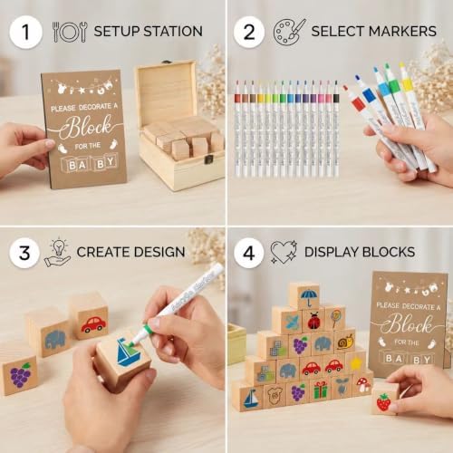 Baby Shower Game Blocks with 50 Decorate Wooden Blocks 24 Markers 1 Storage Box 1 Wooden Sign 16 Stencils(Classic) - Image 3