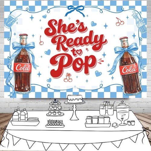 MEHOFOND 8x6ft She's Ready to Pop Baby Shower Banner Backdrop Blue Coquette Shes Ready to Pop Baby Shower Decorations Gender Reveal Cake Smash Photo Booth Props - Image 4