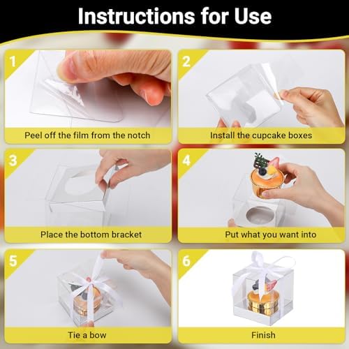 EUSOAR Clear Cupcake Boxes Individual, 100 Pcs 3.5 Inch Silver Transparent Dessert Pastry Muffin Cupcake Containers with Ribbon, Muffins Gift Holder Mini Cake Carrier for Wedding Party Favor Bakery - Image 4