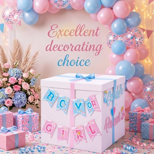 VercanMonth 28 Inches Giant Gender Reveal Gift Box with Lid Kit Extra Large White Gift Box with Boy or Girl Party Banner and Blue Pink Ribbons for Gender Reveal Birthday Party Baby Shower Decor - Image 5
