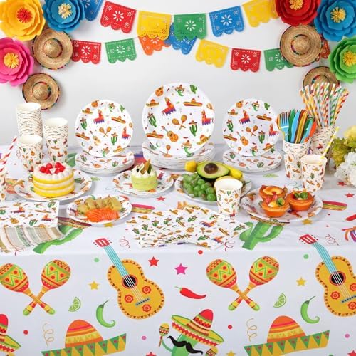 Ceenna 452 Pcs Mexican Party Decoration Supplies for 50 Guest, Mexican Plates Napkins Cups Tablecloth Cutlery Straw Fiesta Disposable Tableware for Cinco De Mayo Taco Birthday Wedding Party Decoration - Image 6