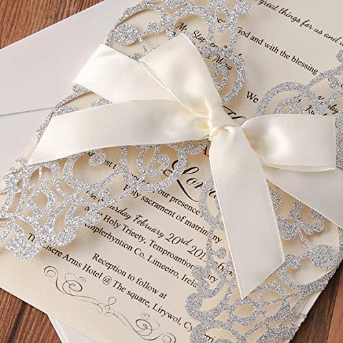 Hosmsua 20x Laser Cut Lace Flora Wedding Invitation Cards with Ribbon Bow and Envelopes 5.12 x 7.3'' Invitation for Bridal Shower Engagement Birthday Graduation Party 20pcs (Sliver Glitter) - Image 5