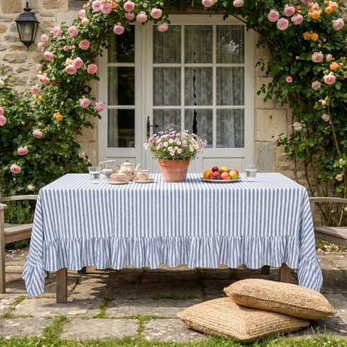 Eternal Beauty Striped Ruffled Tablecloth 60x120 Inch Blue White - Image 4