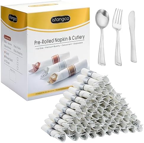 50 Pack Pre Rolled Silver Plastic Silverware Set, Disposable Wrapped Plastic Cutlery Set (50 Forks, 50 Knives, 50 Spoons, 50 Napkins) for Wedding Party by ISFANGCO