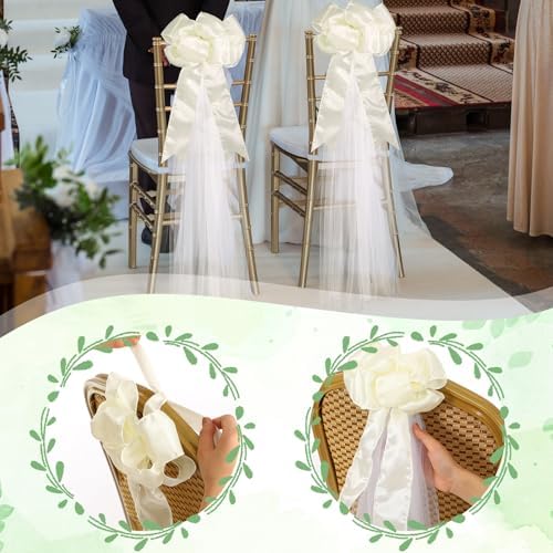 12 Pcs Large Wedding Pew Bows Ivory White 15.7" x 7.9" Satin Bow with 98.5 ft Fabric Tulle Church Chair Ceremony Aisle Decor for Wedding Dress Bowknot Bridal Shower Birthday(Pull Bow) - Image 6