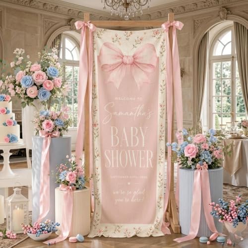 Welcome To Pink Ribbon Bow Coquette Floral Baby Shower Satin Fabric Welcome Banner by Custom