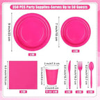 Kochorie 350 Pieces Hot Pink Dinnerware Set, 7 & 9 inch Dessert Paper Plates Cups Napkins Plastic Cutlery Disposable Party Supplies for Birthday Baby Shower Wedding, Serve 50 Guests - Image 2