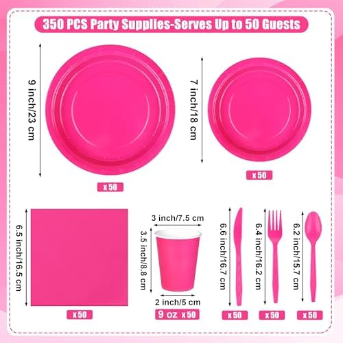 Kochorie 350 Pieces Hot Pink Dinnerware Set, 7 & 9 inch Dessert Paper Plates Cups Napkins Plastic Cutlery Disposable Party Supplies for Birthday Baby Shower Wedding, Serve 50 Guests - Image 2