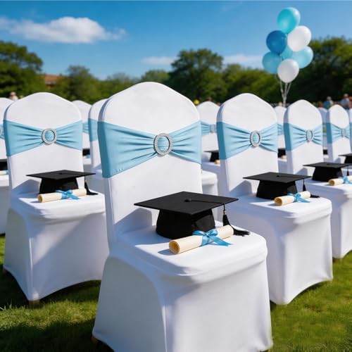 Baby Blue Chair Sashes 50 Pack, Light Blue Spandex Chairs Bands Bows with Buckle Slider for Wedding Party Banquet Decoration - Image 3