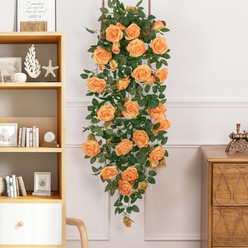 U'Artlines 3 Pack Artificial Orange Rose Garlands Flower Vines 19.5 ft - Image 6