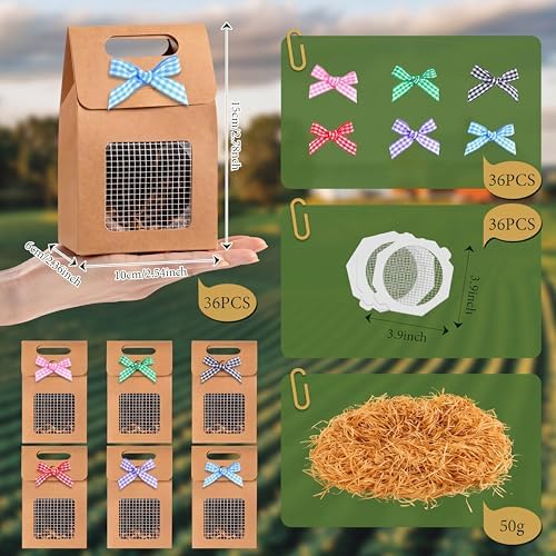Maitys 36 Pcs Chicken Birthday Party Favor Boxes Farm Animal Foldable Chicken Box with Raffia Grass Bow Paper Treat Goodie Boxes for Adopt Chick Party Birthday, 5.91'' X 3.94'' X 2.36'', Retro - Image 3