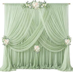 40ft x 10ft Sage Green Backdrop Curtains, Wrinkle-Free Sheer Chiffon Fabric Backdrop Drapes for Wedding Arch Party Ceremony Stage Photo Decoration by WishCare